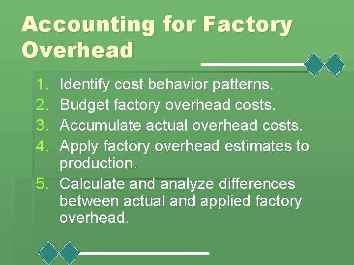 Accounting for Factory Overhead 1. 2. 3. 4. Identify cost behavior patterns. Budget factory