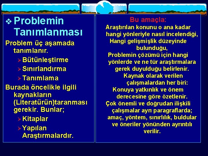 v Problemin Tanımlanması Problem üç aşamada tanımlanır. Ø Bütünleştirme Ø Sınırlandırma Ø Tanımlama Burada