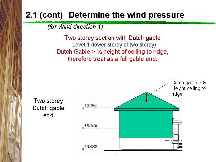 2. 1 (cont) Determine the wind pressure (for Wind direction 1) Two storey section