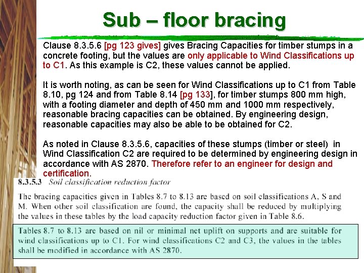 Sub – floor bracing Clause 8. 3. 5. 6 [pg 123 gives] gives Bracing