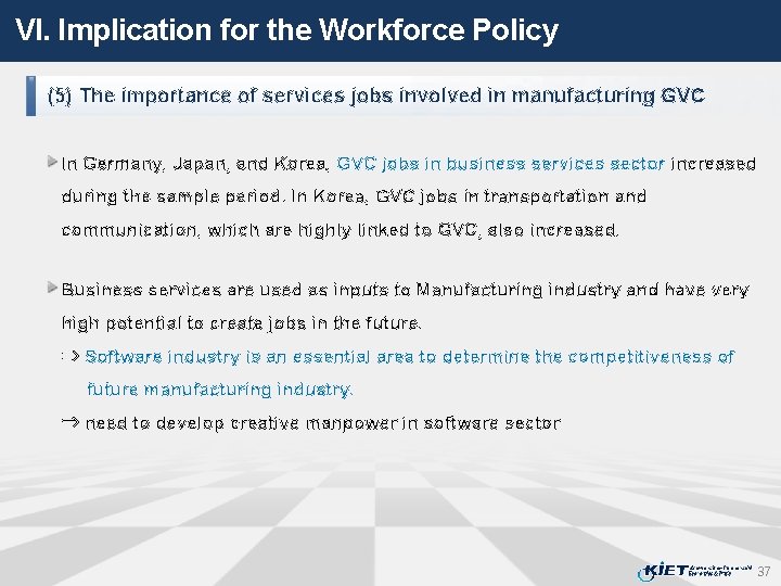 VI. Implication for the Workforce Policy (5) The importance of services jobs involved in