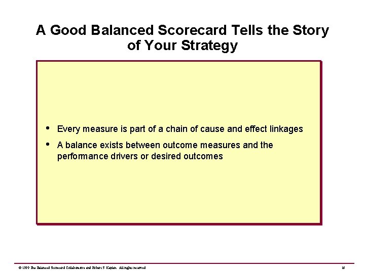 A Good Balanced Scorecard Tells the Story of Your Strategy • • Every measure