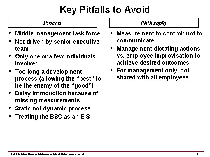 Key Pitfalls to Avoid Process • • Middle management task force Not driven by