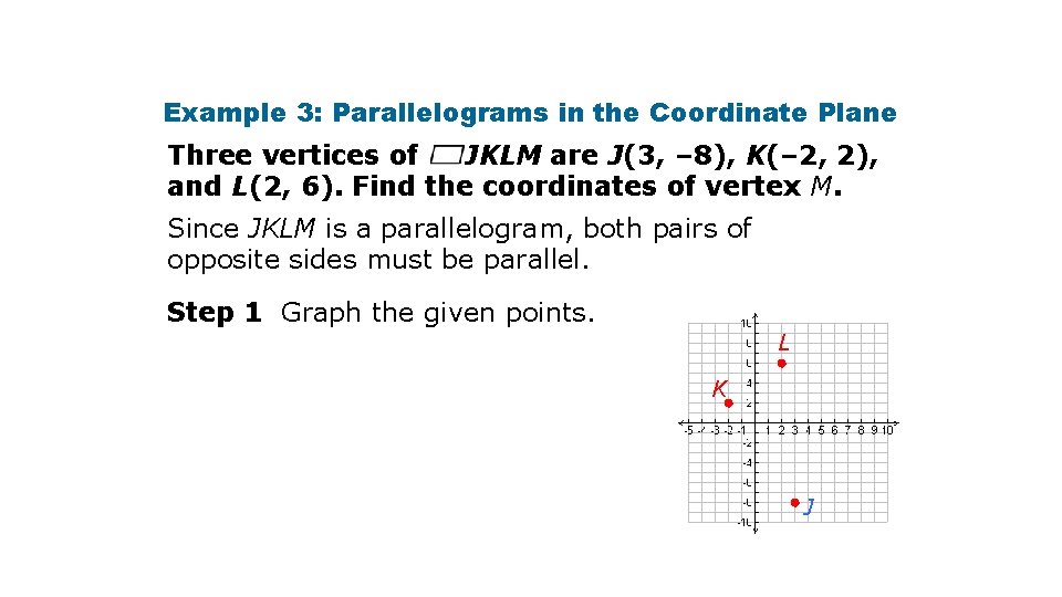 Example 3: Parallelograms in the Coordinate Plane Three vertices of JKLM are J(3, –