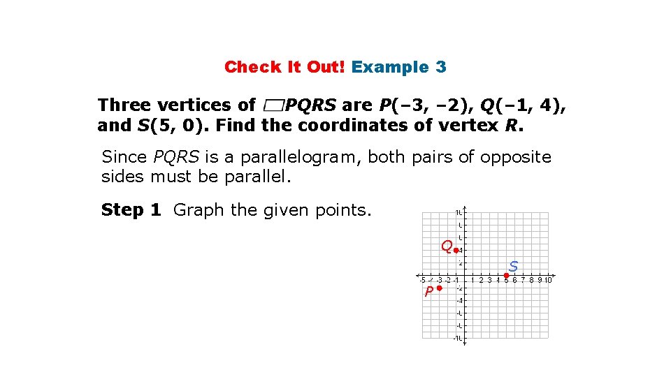 Check It Out! Example 3 Three vertices of PQRS are P(– 3, – 2),