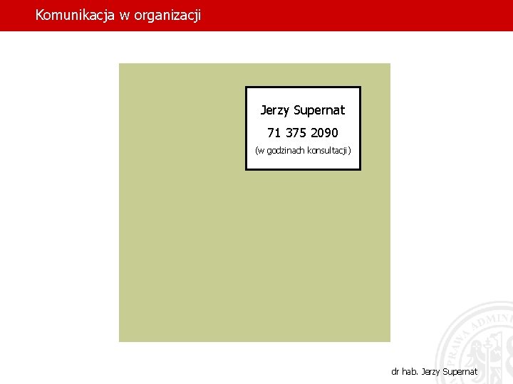 Komunikacja w organizacji Jerzy Supernat 71 375 2090 (w godzinach konsultacji) dr hab. Jerzy