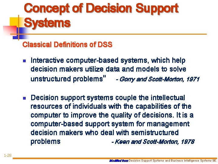Concept of Decision Support Systems Classical Definitions of DSS n n Interactive computer-based systems,