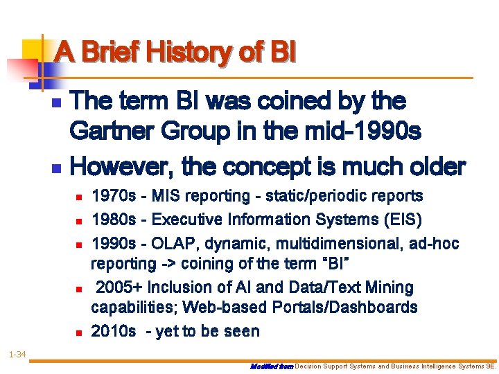 A Brief History of BI The term BI was coined by the Gartner Group