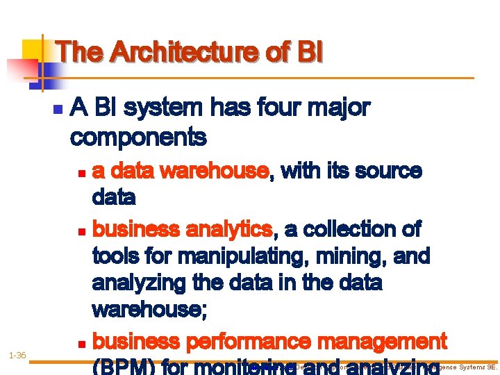 The Architecture of BI n A BI system has four major components a data