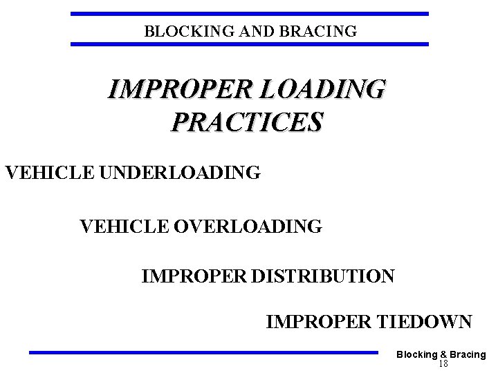 BLOCKING AND BRACING IMPROPER LOADING PRACTICES VEHICLE UNDERLOADING VEHICLE OVERLOADING IMPROPER DISTRIBUTION IMPROPER TIEDOWN