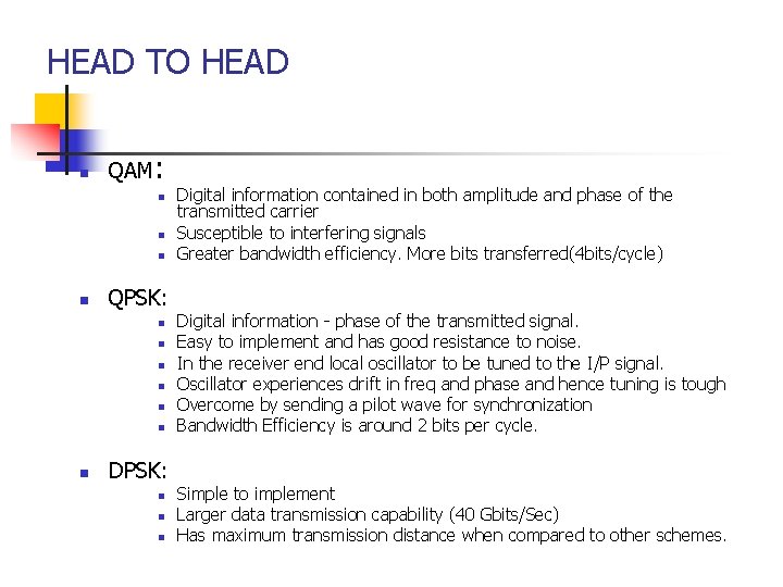 HEAD TO HEAD n QAM: n n QPSK: n n n n DPSK: n