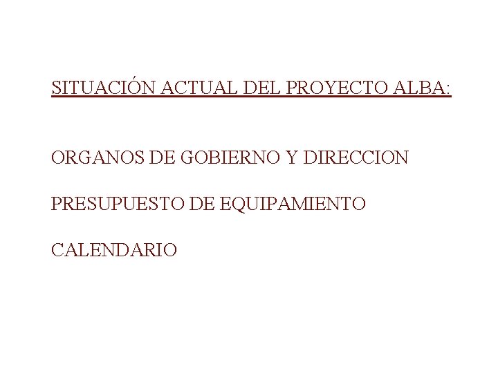 SITUACIÓN ACTUAL DEL PROYECTO ALBA: ORGANOS DE GOBIERNO Y DIRECCION PRESUPUESTO DE EQUIPAMIENTO CALENDARIO