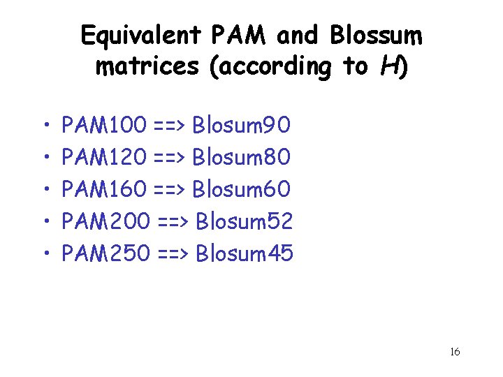 Equivalent PAM and Blossum matrices (according to H) • • • PAM 100 ==>