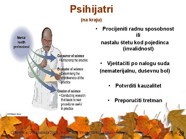 Psihijatri (na kraju) • Procijeniti radnu sposobnost ili nastalu štetu kod pojedinca (invalidnost) •