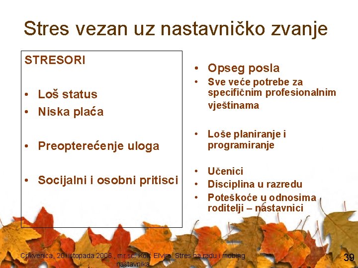 Stres vezan uz nastavničko zvanje STRESORI • Loš status • Niska plaća • Preopterećenje