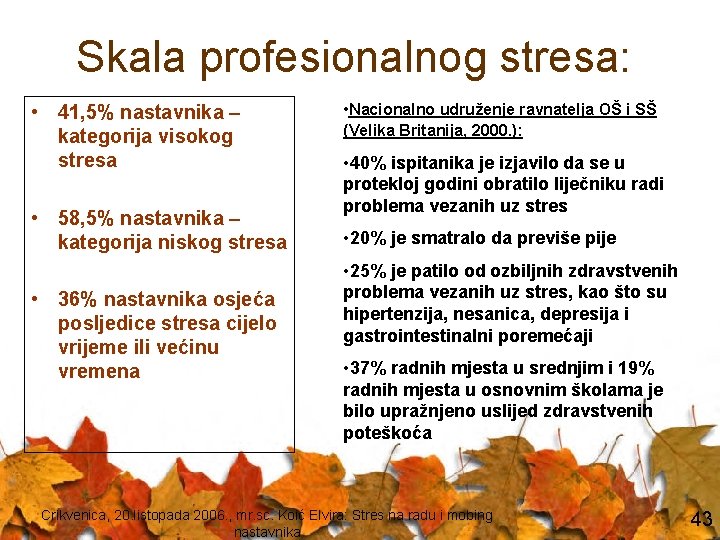 Skala profesionalnog stresa: • 41, 5% nastavnika – kategorija visokog stresa • 58, 5%