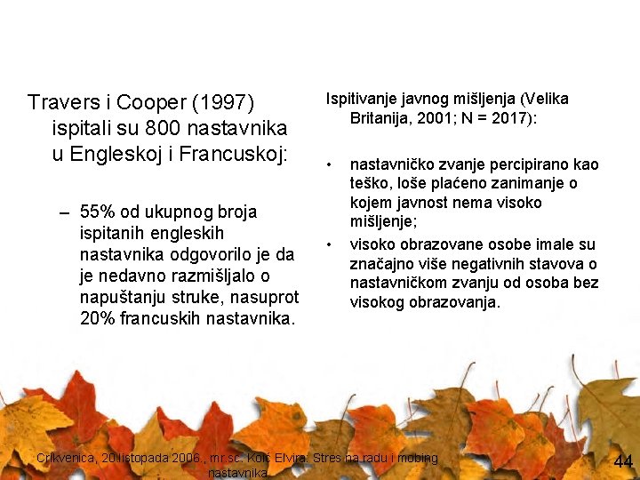 Travers i Cooper (1997) ispitali su 800 nastavnika u Engleskoj i Francuskoj: – 55%