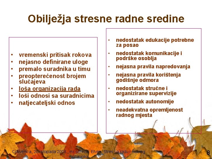 Obilježja stresne radne sredine • • vremenski pritisak rokova nejasno definirane uloge premalo suradnika