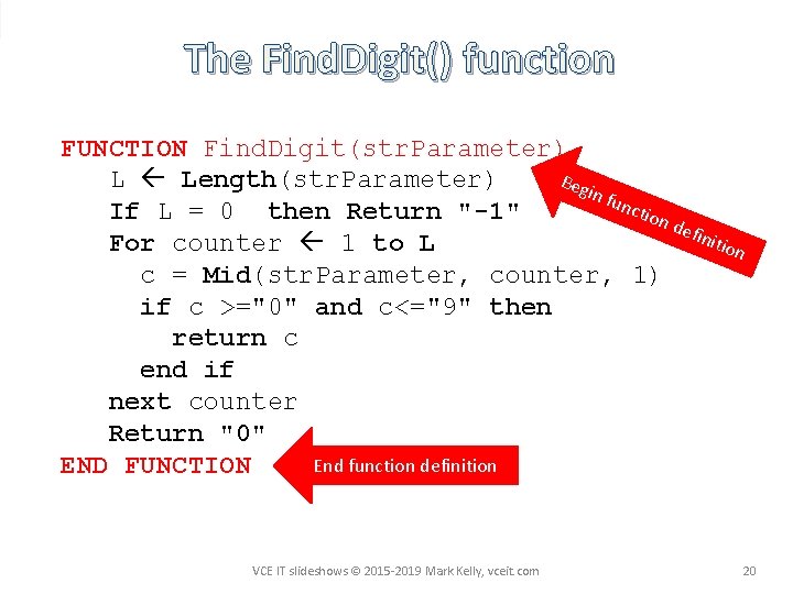 The Find. Digit() function FUNCTION Find. Digit(str. Parameter) Beg L Length(str. Parameter) in fu