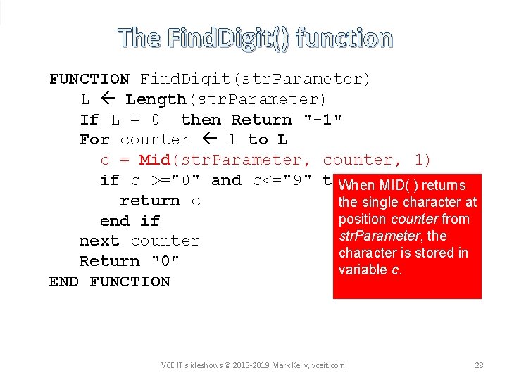 The Find. Digit() function FUNCTION Find. Digit(str. Parameter) L Length(str. Parameter) If L =