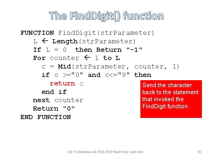 The Find. Digit() function FUNCTION Find. Digit(str. Parameter) L Length(str. Parameter) If L =