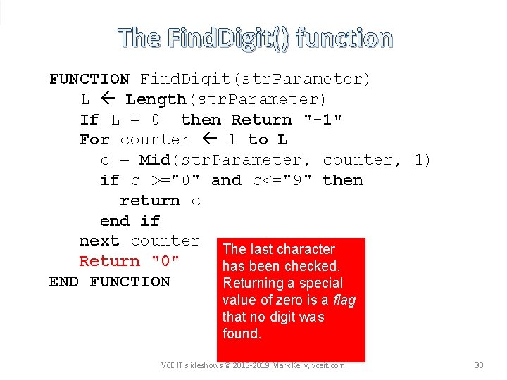 The Find. Digit() function FUNCTION Find. Digit(str. Parameter) L Length(str. Parameter) If L =