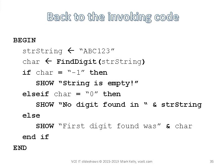 Back to the invoking code BEGIN str. String “ABC 123” char Find. Digit(str. String)