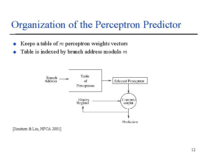 Organization of the Perceptron Predictor u u Keeps a table of m perceptron weights