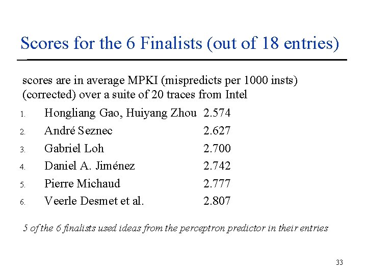 Scores for the 6 Finalists (out of 18 entries) scores are in average MPKI