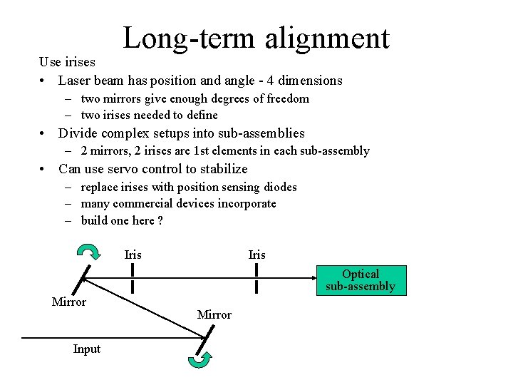 Long-term alignment Use irises • Laser beam has position and angle - 4 dimensions Long-term alignment Use irises • Laser beam has position and angle - 4 dimensions