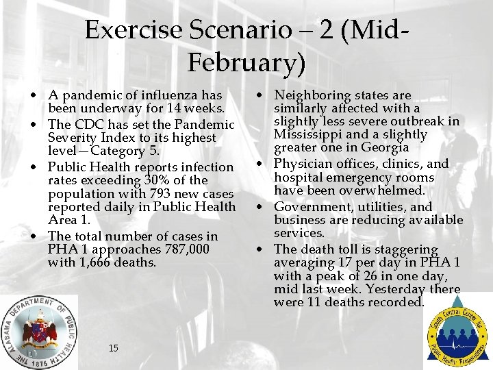 Exercise Scenario – 2 (Mid. February) • A pandemic of influenza has been underway