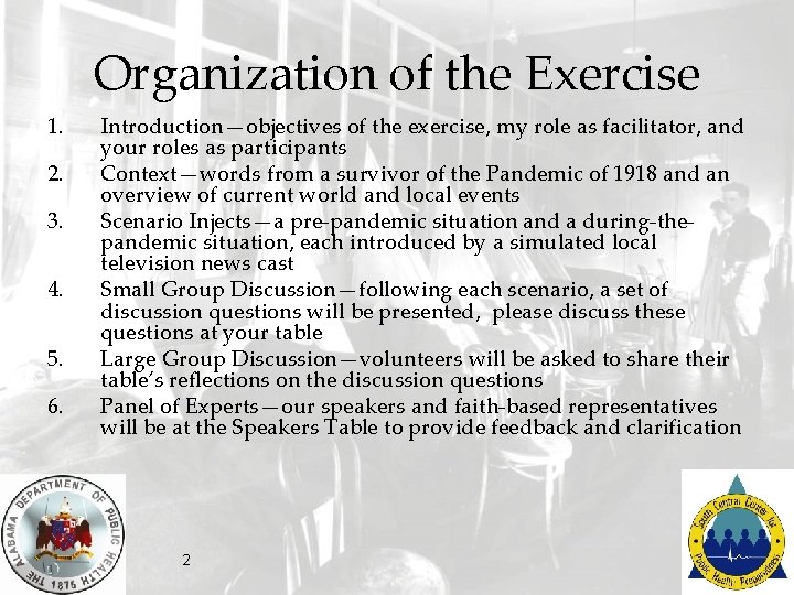 Organization of the Exercise 1. 2. 3. 4. 5. 6. Introduction—objectives of the exercise,