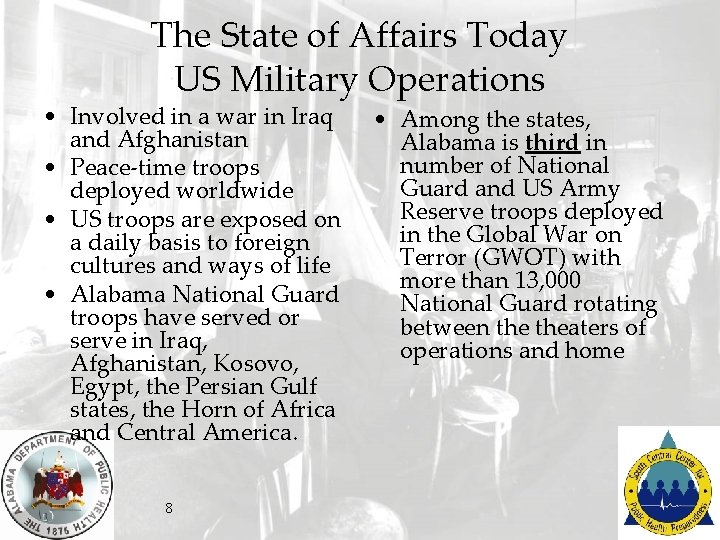 The State of Affairs Today US Military Operations • Involved in a war in