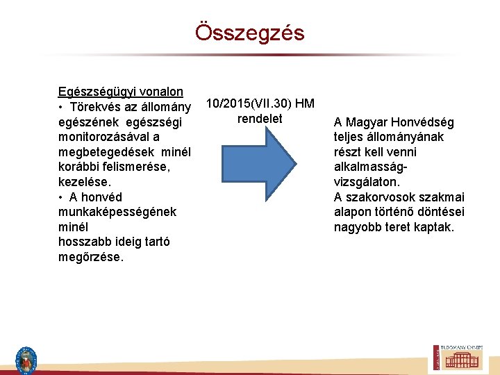 Összegzés Egészségügyi vonalon • Törekvés az állomány 10/2015(VII. 30) HM rendelet egészének egészségi monitorozásával