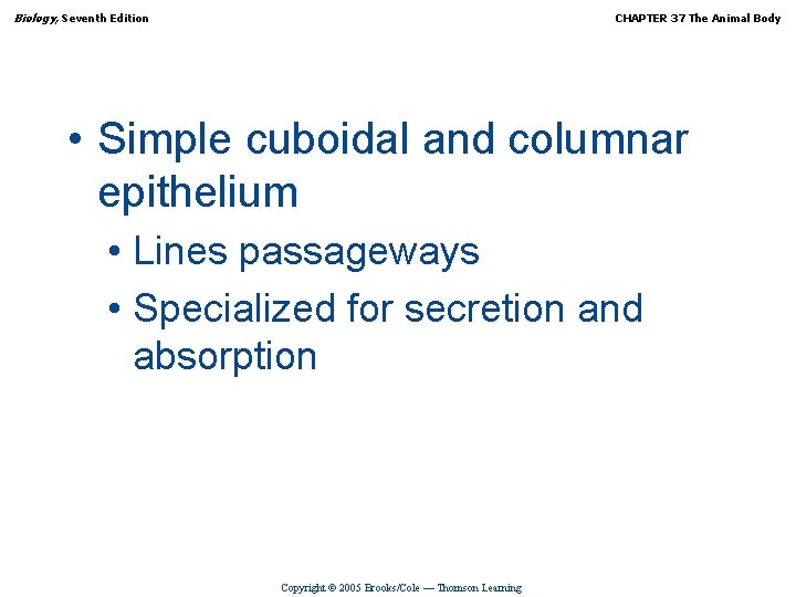 Biology, Seventh Edition CHAPTER 37 The Animal Body • Simple cuboidal and columnar epithelium