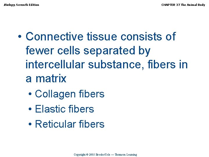 Biology, Seventh Edition CHAPTER 37 The Animal Body • Connective tissue consists of fewer