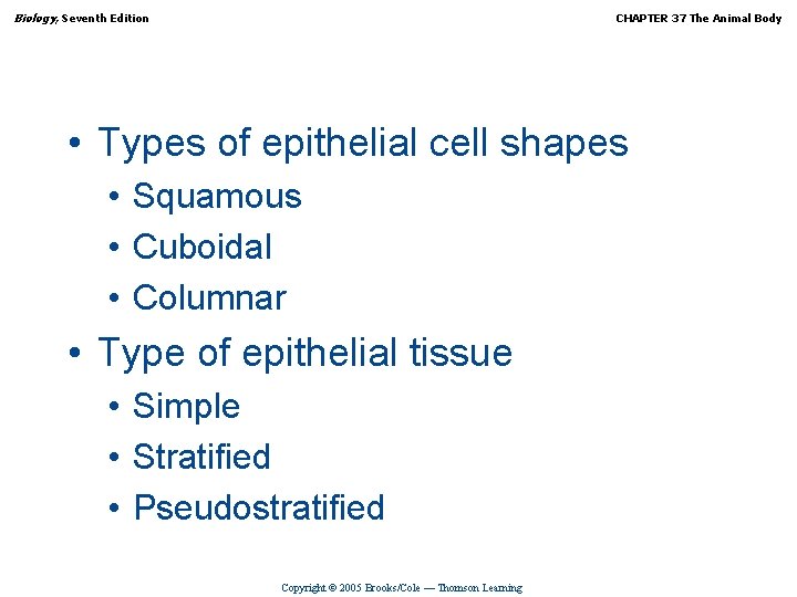 Biology, Seventh Edition CHAPTER 37 The Animal Body • Types of epithelial cell shapes