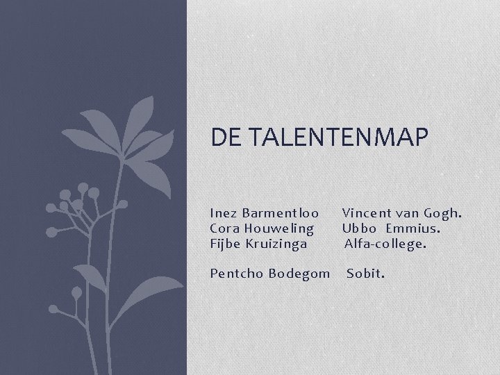 DE TALENTENMAP Inez Barmentloo Vincent van Gogh. Cora Houweling Ubbo Emmius. Fijbe Kruizinga Alfa-college.