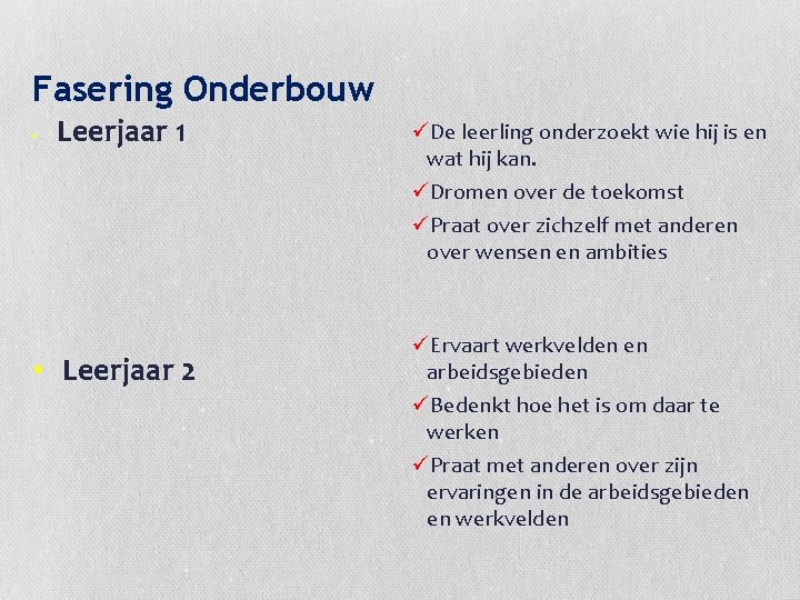 Fasering Onderbouw • Leerjaar 1 • Leerjaar 2 üDe leerling onderzoekt wie hij is