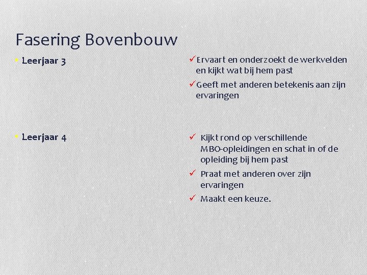 Fasering Bovenbouw • Leerjaar 3 üErvaart en onderzoekt de werkvelden en kijkt wat bij