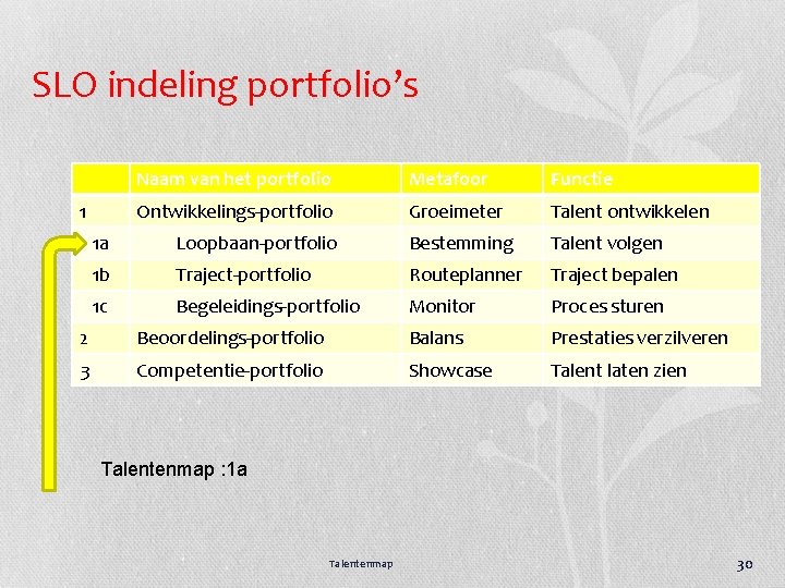 SLO indeling portfolio’s 1 Naam van het portfolio Metafoor Functie Ontwikkelings-portfolio Groeimeter Talent ontwikkelen