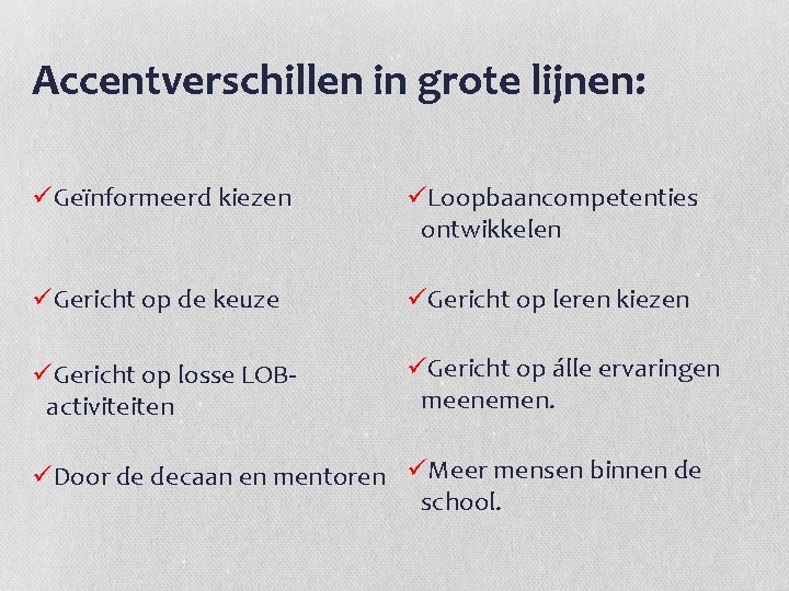 Accentverschillen in grote lijnen: üGeïnformeerd kiezen üLoopbaancompetenties ontwikkelen üGericht op de keuze üGericht op