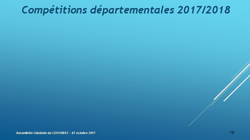 Compétitions départementales 2017/2018 Assemblée Générale du CDGYM 67 – 07 octobre 2017 18 