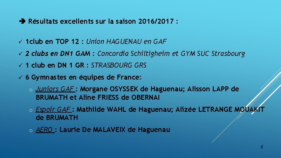  Résultats excellents sur la saison 2016/2017 : ü 1 club en TOP 12