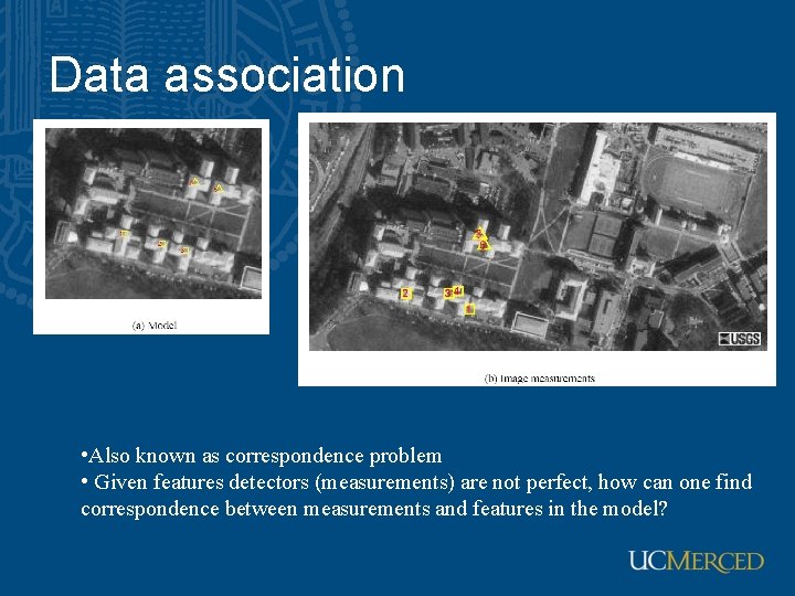 Data association • Also known as correspondence problem • Given features detectors (measurements) are