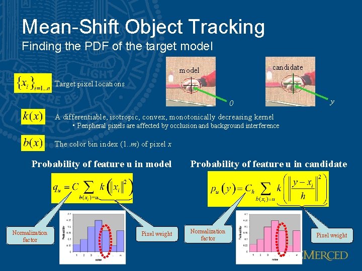 Mean-Shift Object Tracking Finding the PDF of the target model candidate model Target pixel