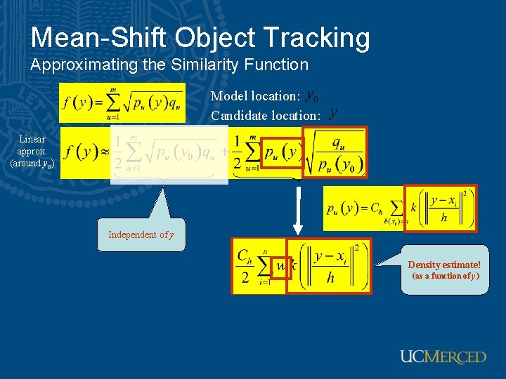 Mean-Shift Object Tracking Approximating the Similarity Function Model location: Candidate location: Linear approx. (around