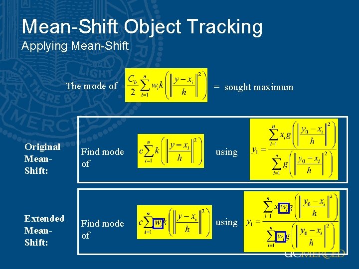 Mean-Shift Object Tracking Applying Mean-Shift The mode of = sought maximum Original Mean. Shift: