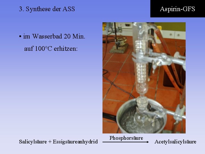 3. Synthese der ASS Aspirin-GFS • im Wasserbad 20 Min. auf 100°C erhitzen: Salicylsäure