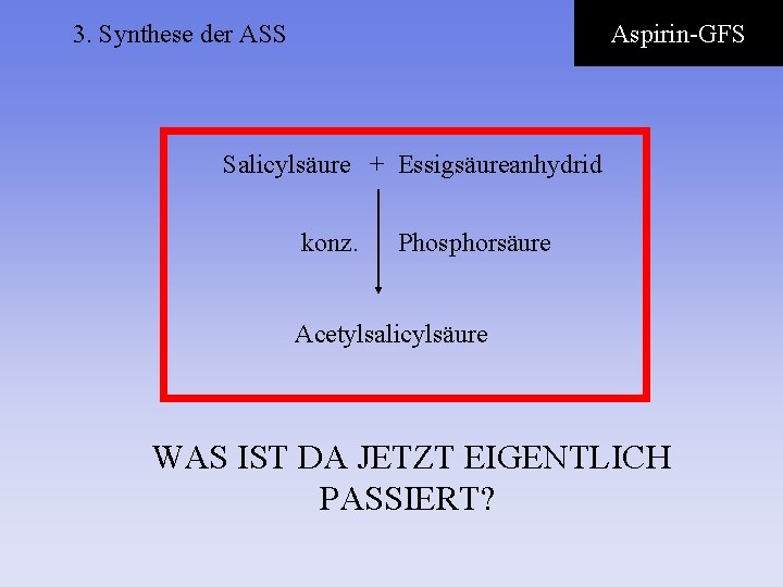 3. Synthese der ASS Aspirin-GFS Salicylsäure + Essigsäureanhydrid konz. Phosphorsäure Acetylsalicylsäure WAS IST DA